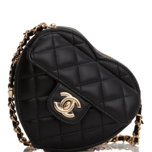 Love Heart Clutch with Chain Black Lambskin Light Gold Hardware