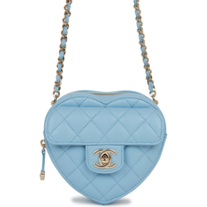 Love Heart Clutch with Chain Blue Lambskin Light Gold Hardware